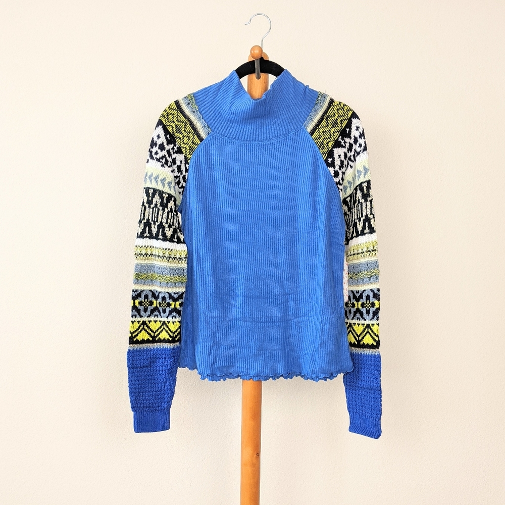 Free People Vibrant Blue Turtleneck Sweater with Patterned Sleeves